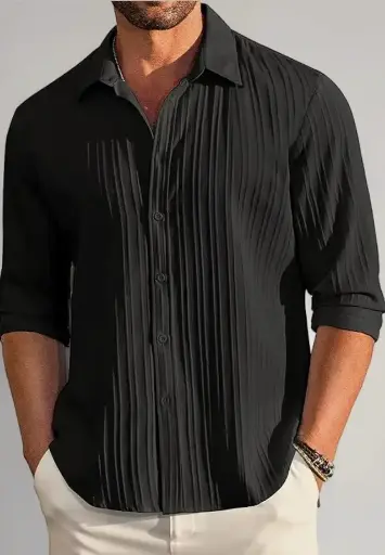 Men's Casual Button Down Shirts Long Sleeve Linen Shirt Fashion Textured Beach Summer Shirts